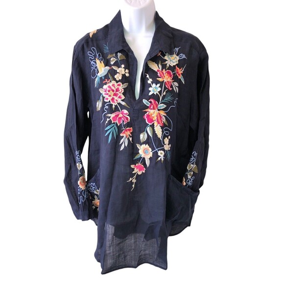 JOHNNY WAS Floral Embroidered Navy Tunic Shirt Top Boho Chic Size Large - Picture 1 of 12